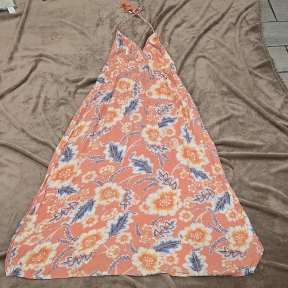 O'Neill Women‎ Peach Floral Halter Maxi Dress Tassel Tie Side Slit SU1416067Q L